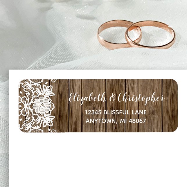 Barn Wood Lace Calligraphy Wedding Return Address Label (Creator Uploaded)