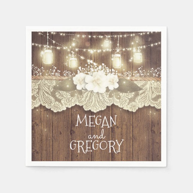 Barn Wood Lace Lights Mason Jar Rustic Wedding Paper Napkins (Front)
