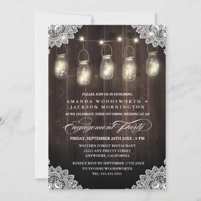 Barn Wood Lace Mason Engagement Party Invitations (Front)