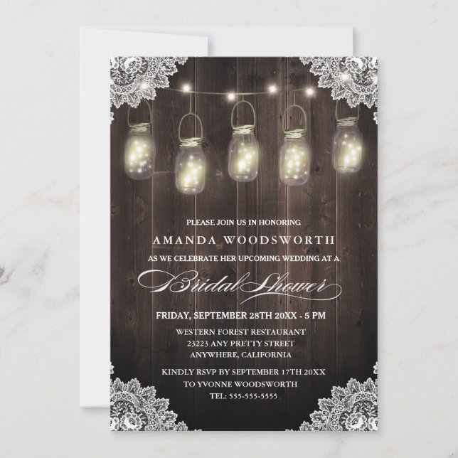 Barn Wood Lace Mason Jar Bridal Shower Invitations (Front)