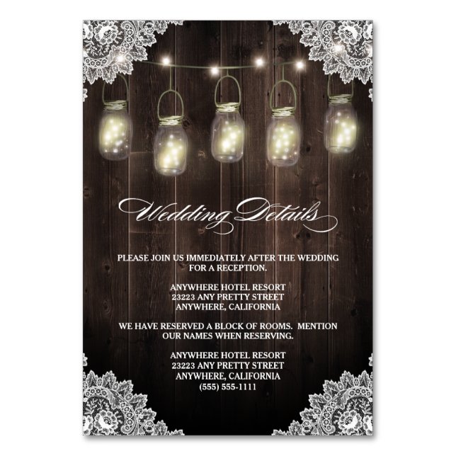 Barn Wood Lace Mason Jar Wedding Enclosure Cards (Front)