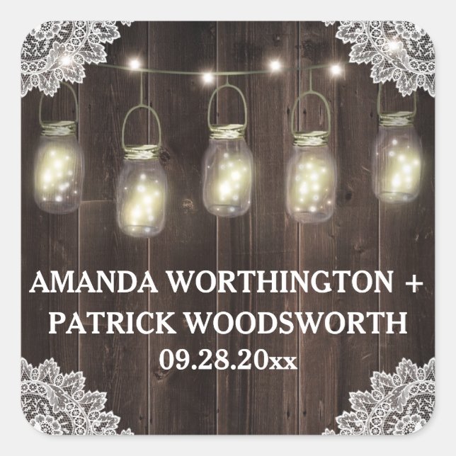 Barn Wood Lace Mason Jar Wedding Favor Stickers (Front)