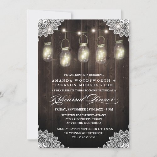 Barn Wood Lace Mason Rehearsal Dinner Invitations