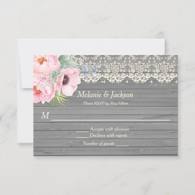 Barn Wood Lace Peonies Anemones Post Wedding RSVP Invitation (Front)