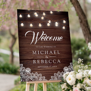 Barn Wood Lace String Lights Wedding Welcome Sign