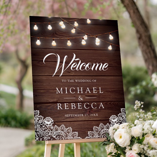 Barn Wood Lace String Lights Wedding Welcome Sign (Creator Uploaded)