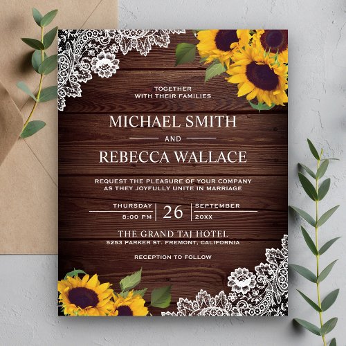 Barn Wood Lace Sunflower Budget Wedding Invitation