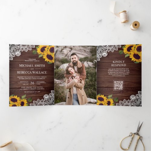 Barn Wood Lace Sunflower Photo QR Code Wedding Tri-Fold Invitation