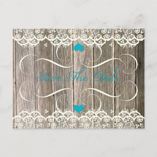 Barn Wood Lace Teal Hearts Swirls Save The Date Announcement Postcard