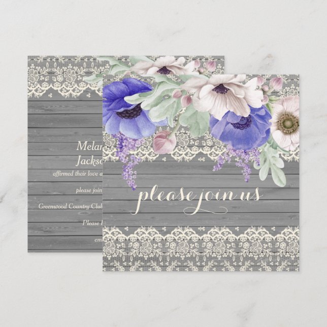 Barn Wood Lace Watercolor Blue White Anemones Invitation (Front/Back)