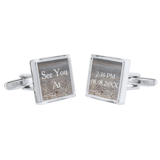 barn wood lace western country wedding groom silver cufflinks (Angled)