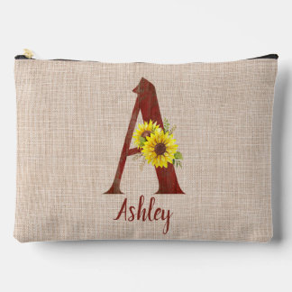 Barn Wood Letter A & Sunflowers Personalized  Accessory Pouch