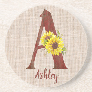 Barn Wood Letter A & Sunflowers Personalized Coaster