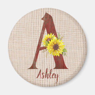 Barn Wood Letter A & Sunflowers Personalized Magnet