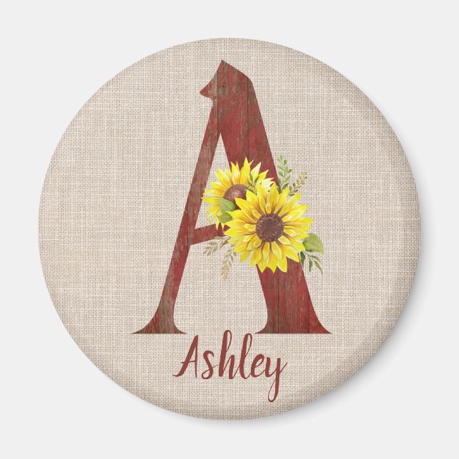 Barn Wood Letter A & Sunflowers Personalized   Magnet (Front)
