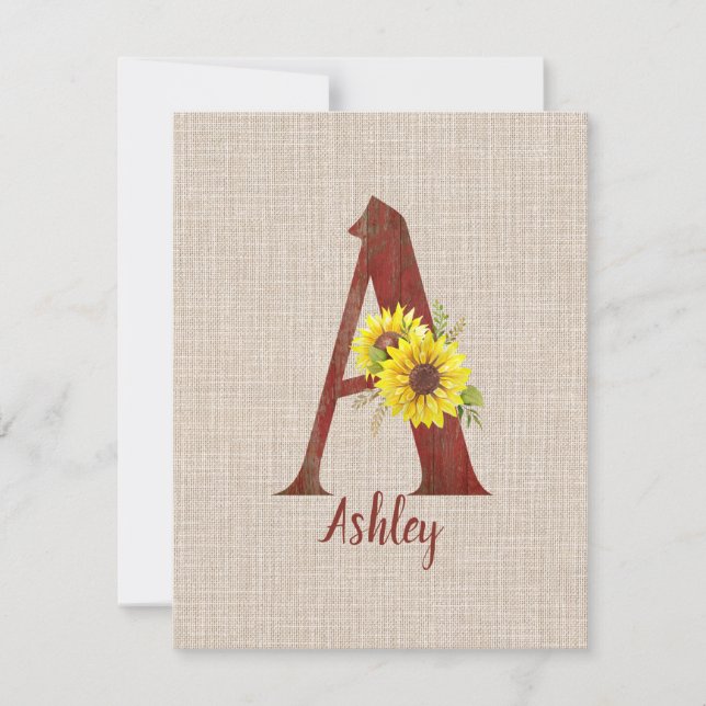 Barn Wood Letter A & Sunflowers Personalized  Note Card (Front)
