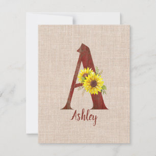 Barn Wood Letter A & Sunflowers Personalized Note Card
