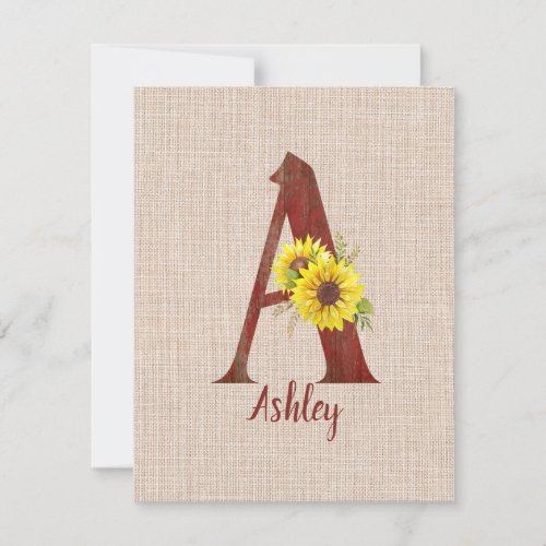 Barn Wood Letter A  Sunflowers Personalized  Note Card