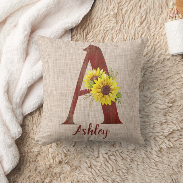 Barn Wood Letter A & Sunflowers Personalized  Throw Pillow (Blanket)