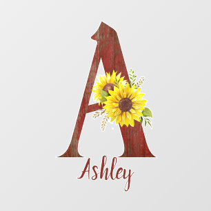 Barn Wood Letter A & Sunflowers Personalized Wall Decal