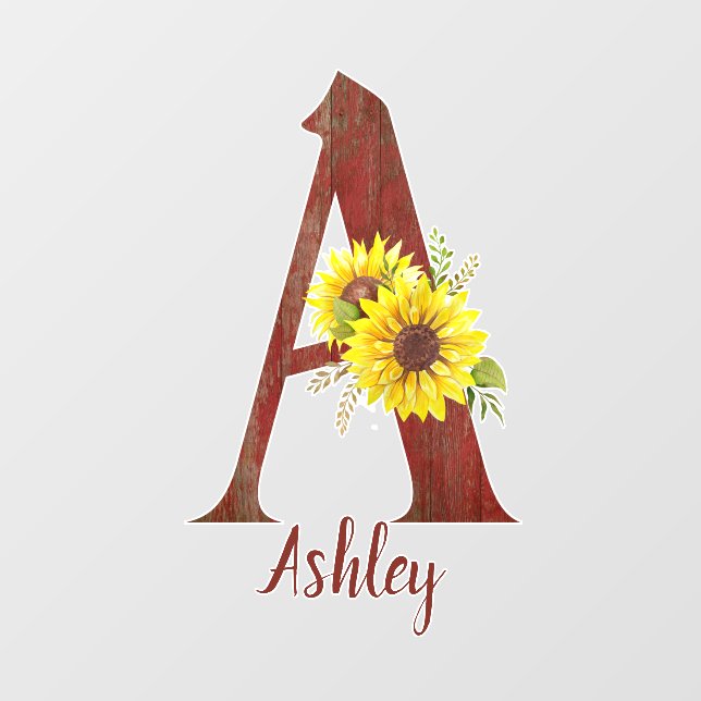 Barn Wood Letter A & Sunflowers Personalized Wall Decal (Front)