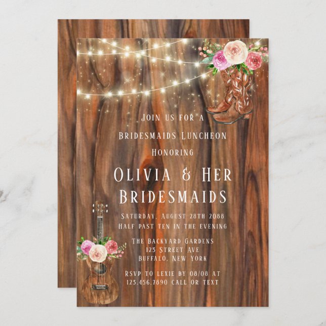 Barn Wood Lights Boots Bridesmaids Luncheon  Invitation (Front/Back)