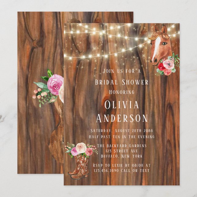 Barn Wood Lights Boots Horse Bridal Shower Invitation (Front/Back)