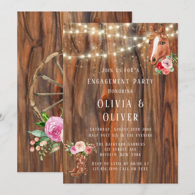 Barn Wood Lights Boots Horse Engagement Party Invitation (Front/Back)