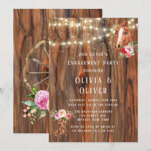 Barn Wood Lights Boots Horse Engagement Party Invitation