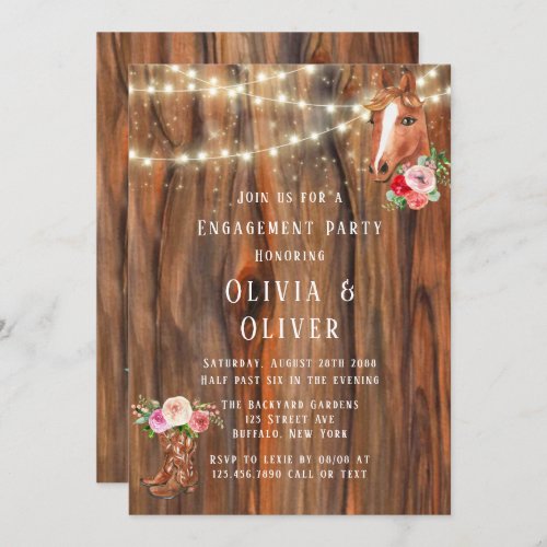Barn Wood Lights Boots Horse Engagement Party Invitation