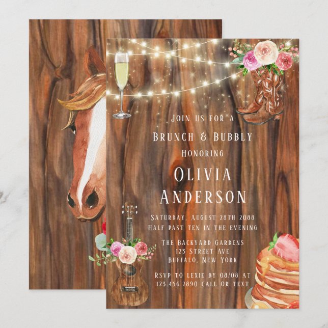 Barn Wood Lights Boots Pancakes Brunch & Bubbly Invitation (Front/Back)