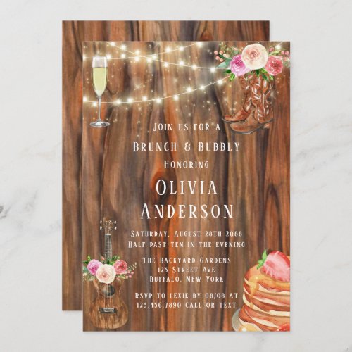 Barn Wood Lights Boots Pancakes Brunch  Bubbly Invitation