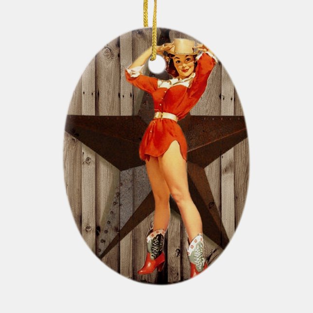 Barn wood Lone Star western country Cowgirl Ceramic Ornament (Back)