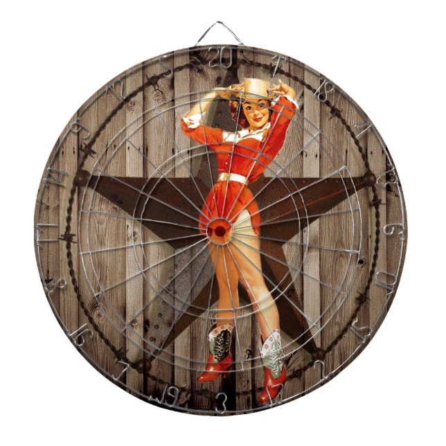 Barn wood Lone Star western country Cowgirl Dartboard With Darts (Front)