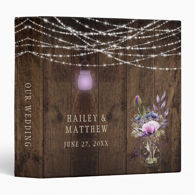 Barn Wood Mason Jar Lights Violet Flowers Wedding 3 Ring Binder (Front/Spine)