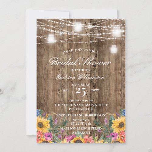 Barn Wood Mason Jar   Sunflower Bridal Shower Invitation
