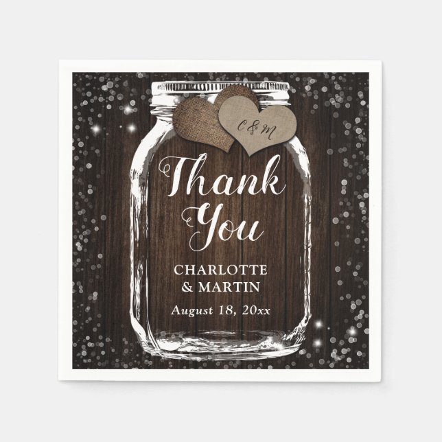 Barn Wood Mason Jar Two Hearts Thank You Wedding Napkins (Front)