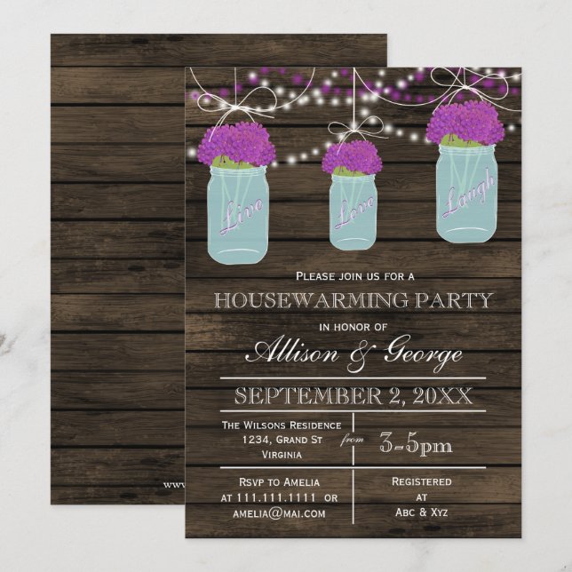 Barn wood mason jars rustic housewarming invitation (Front/Back)