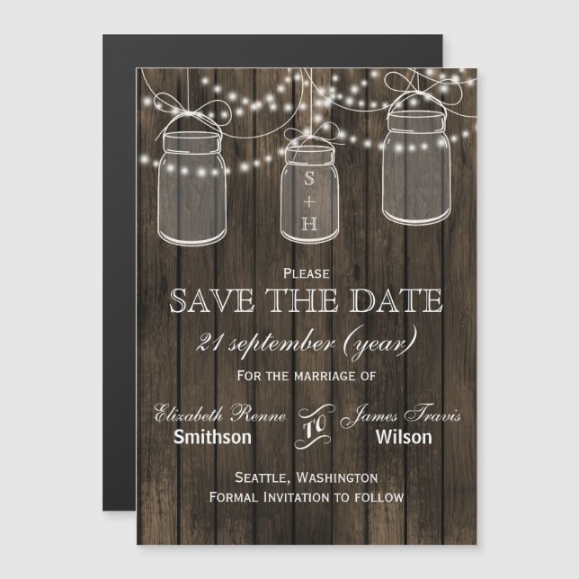 Barn wood mason jars save the date magnetic invitation (Front/Back)