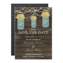 Barn wood mason jars yellow flowers save the date magnetic invitation