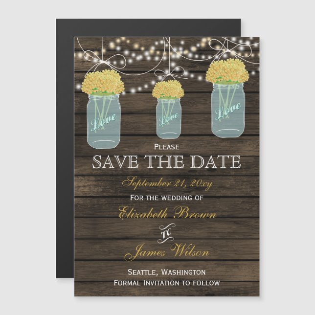 Barn wood mason jars yellow flowers save the date magnetic invitation (Front/Back)