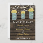 Barn wood mason jars yellow flowers save the date magnetic invitation (Front)