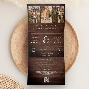 Barn Wood Minimal Photo Collage QR Code Wedding Tri-Fold Invitation