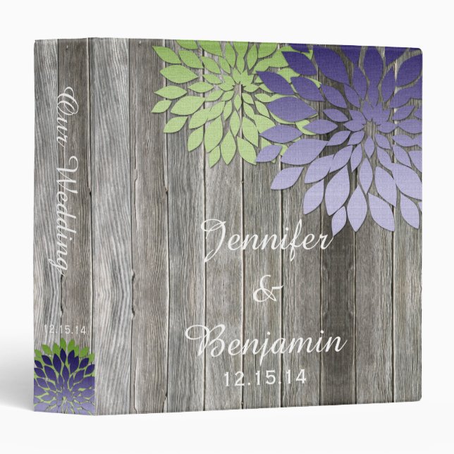 Barn Wood Modern Purple Green Petals Wedding Album Binder (Front/Spine)