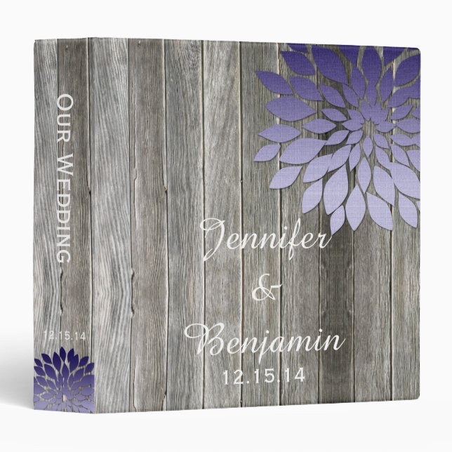 Barn Wood Modern Purple Petals Wedding Photo Album Binder (Front/Spine)