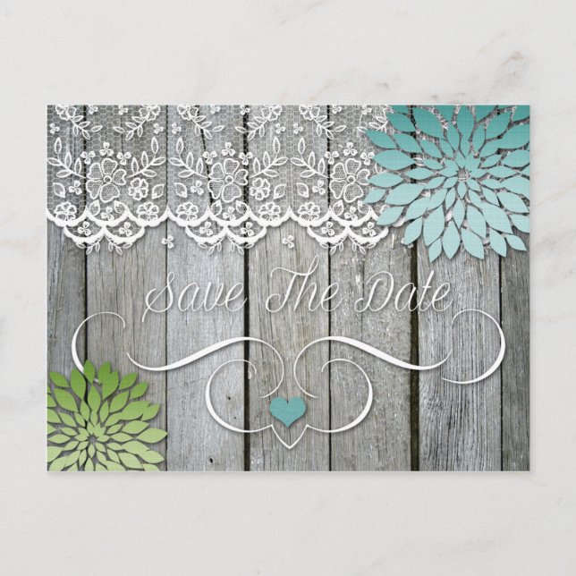 Barn Wood Modern Teal Green Petals Save The Date Announcement Postcard (Front)