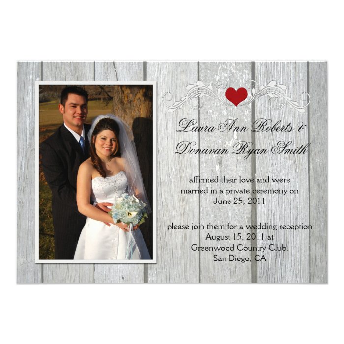 Barn Wood Photo Red Heart After Wedding Custom Invitations