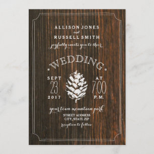 Barn Wood & Pine Cone Rustic Wedding Invitation