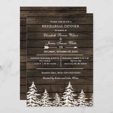 Barn wood pine trees winter rehearsal dinner invitation