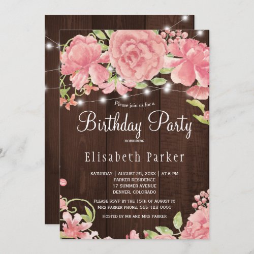 Barn wood pink blush rose peonies birthday party invitation
